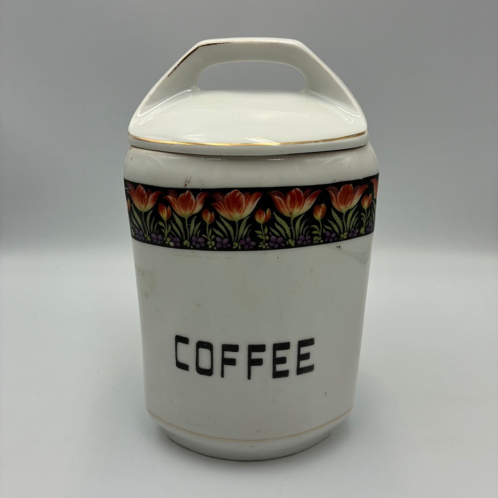 Vintage Union K Czechoslovakia Porcelain Coffee Canister Orange Tulip Floral